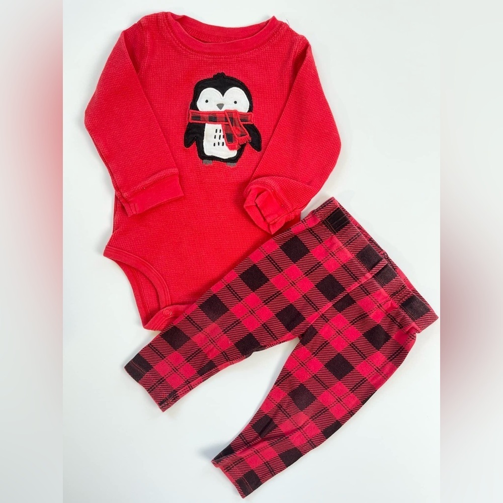 🩵4/$20 Carters‎ & George- Red Penguin Baby Onesie and Plaid Pants Set
